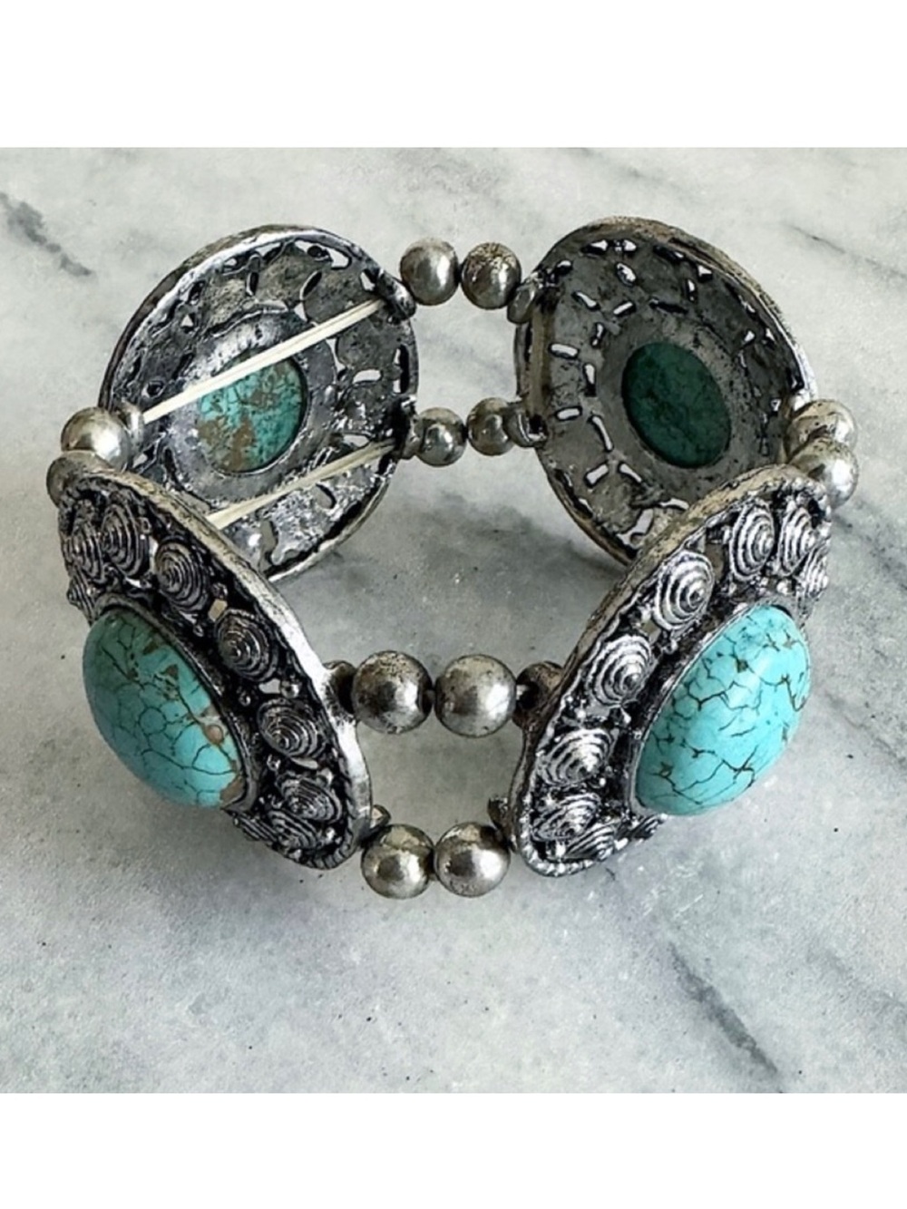 Erica Lyons Turquoise Stretch Bracelet Silver Tone